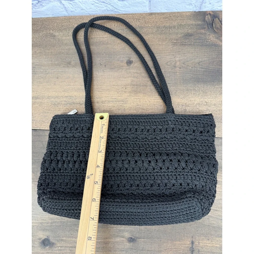 The Sak Black Crochet Shoulder Bag Small Boho Woven Zip Top Purse Silver Charm
